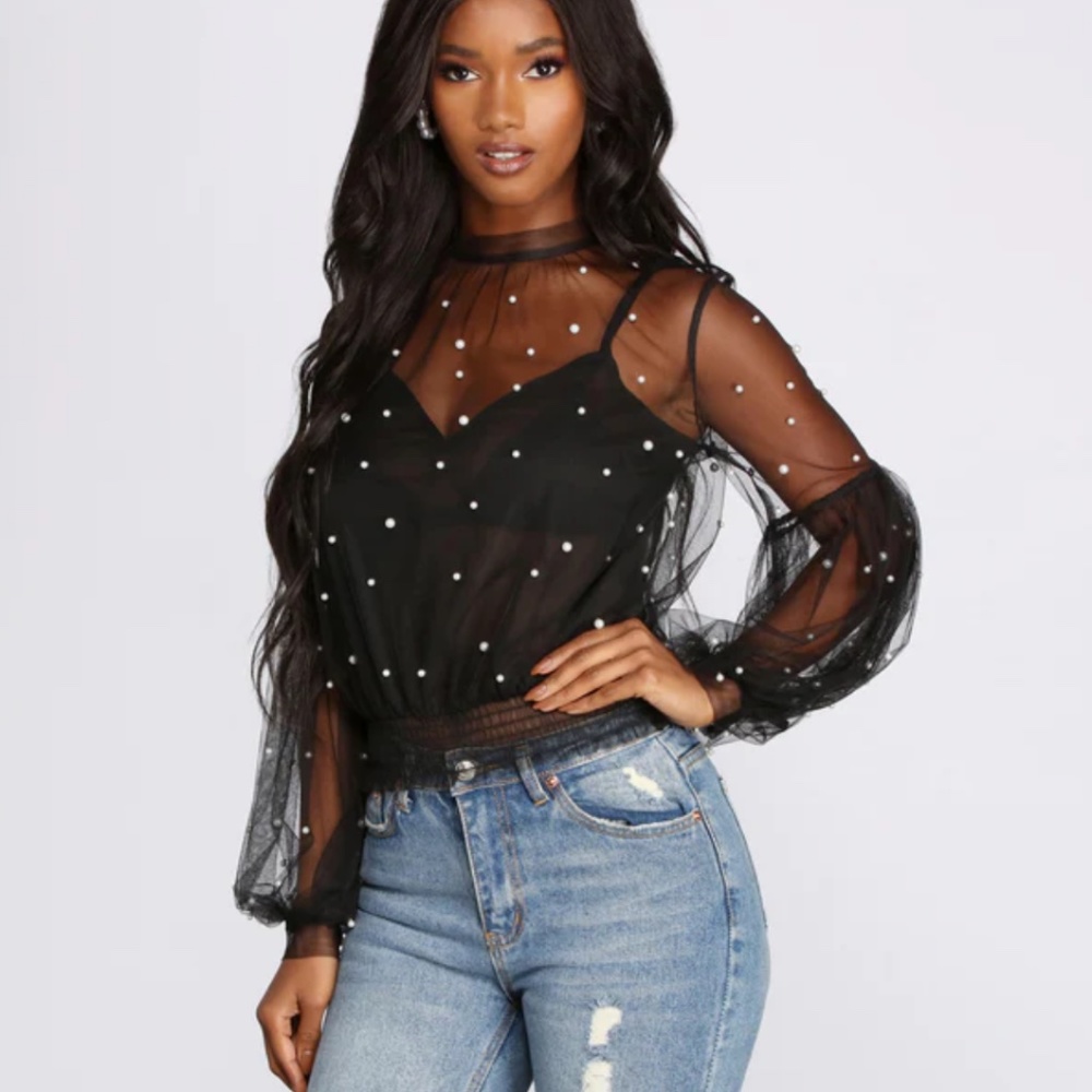 Windsor White Pearl Black Lace Sheer Top Longsleeve Turtle Mesh Classy XSMALL XS